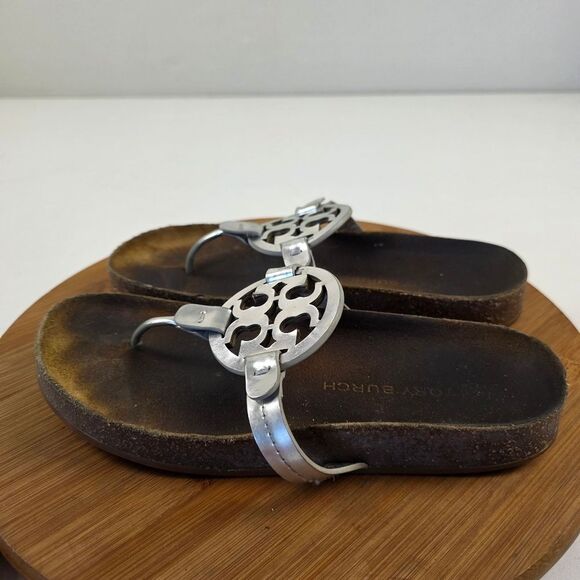 Tory Burch Miller Cloud Leather Metalic Silver Logo Sandals Sz 8 M - Picture 4 of 10